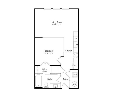 Floor plan for studio, 1 bath, 637 sqft